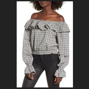 Tularosa Peyton Checker Print Exaggerated Ruffle Blouse Size XS